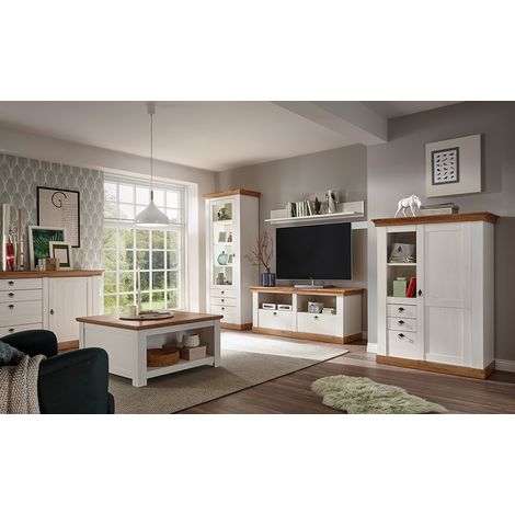 Landhaus Wohnwand Set mit Couchtisch & Sideboard LINARES-61 Pinie weiß / Wotan Eiche, B/H/T ca.: 366/204/52cm (1/5)