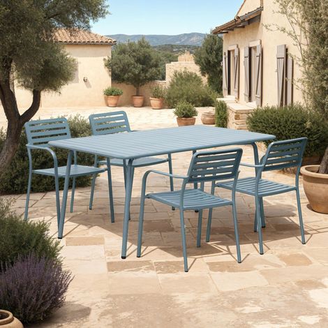 Table de jardin + 4 fauteuils empilables en métal bleu gris - BACA