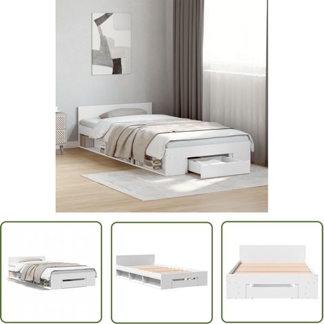 The Living Store Bettgestell mit Schublade Weiß 100x200 cm Holzwerkstoff - Bettesrahmen - Doppelbett - Weißer Rahmen - Holzbettrahmen - Lattenrost (1/5)