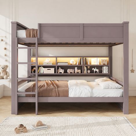 Lit superposé 160x200 cm pin/MDF marron avec rangements LED, gain de place, sans matelas – MEUBLIV (1/5)