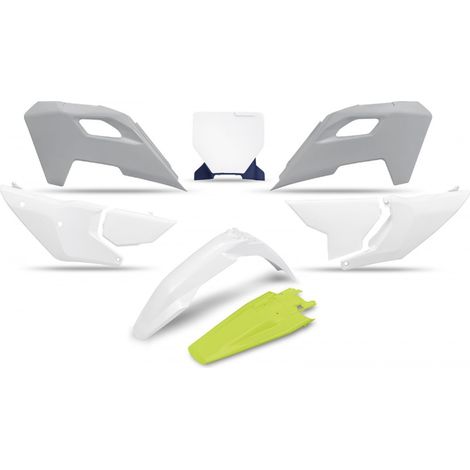 SET DI PLASTICA UFO HUSQVARNA TC 125 / 250 '23-'24, FC 250 / 350 / 450 '23-'24, FX 350 / 450 '23-'24, TX 300 '24, COLORE ORIGINALE BIANCO GIALLO