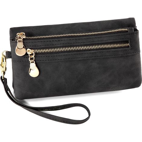 Pochette longue en cuir souple à plusieurs poches pour femme (noir),