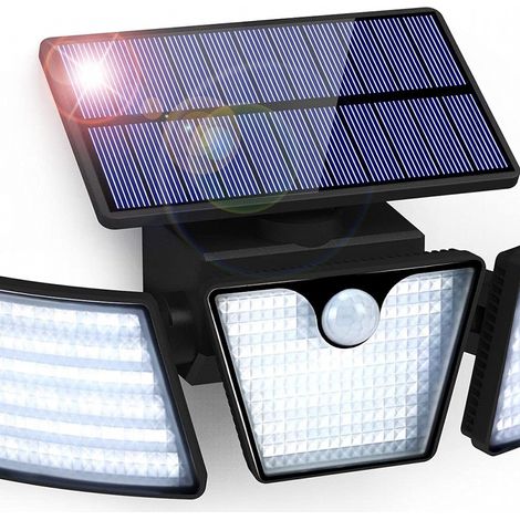 Lampe solaire d'extérieur avec détecteur de mouvement, 265 perles LED, étanche IP65, 3 têtes d'éclairage, rotation à 360°, étanche. (1/5)