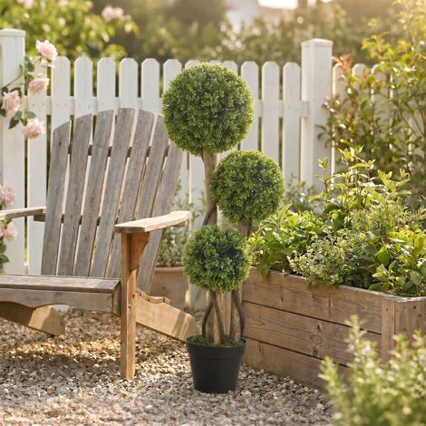 Plante de Buis Artificielle à 3 Sphères avec Pot Inclus et Fond Renforcé, Hauteur 90 cm (1/5)