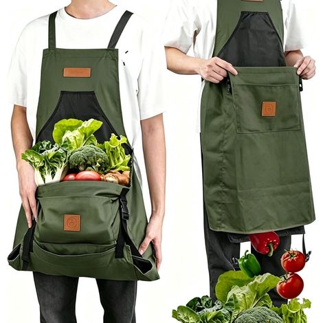 Tablier de Jardinage Ortviai Imperméable Vert Militaire avec Poches pour Récolte et Travail en Champ, Sangles Croisées Confortables (1/5)