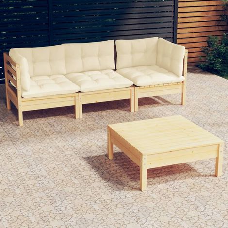 4-tlg. Garten-Lounge-Set mit Creme Kissen Kiefernholz (1/5)