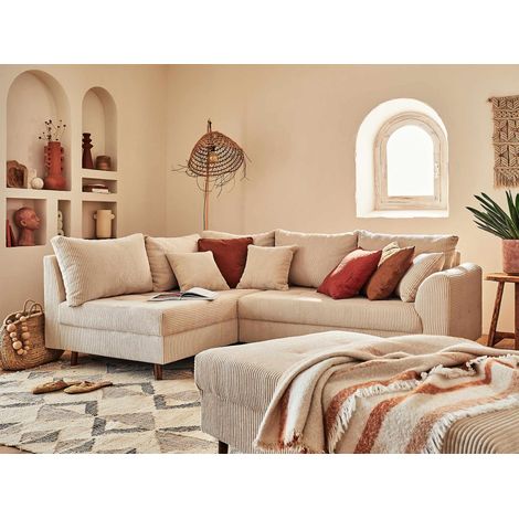 Lisa Design – Canapé d'angle gauche 4 places – Pouf d'appoint inclus – Revêtement en velours côtelé beige – Structure en bois massif – Style contemporain (1/5)