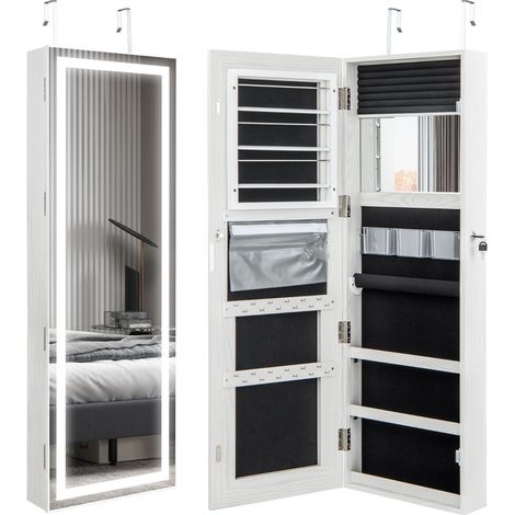 Armadietto portagioie con specchio a LED da 120cm, Appendibile alla porta o da parete con specchio interno Bianco (1/4)