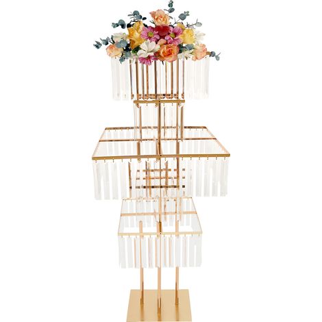 Présentoir floral dorée carré en métal à 5  niveaux avec pendentifs acryliques, support à fleurs sur pied, centre de table, décoratif colonne pour mariage, réception et fête - hauteur 125cm (1/5)