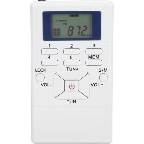 QQT102 Professioneller Mini-tragbarer Stereo-FM-Empfänger mit LCD-Bildschirm und weißen Kopfhörern