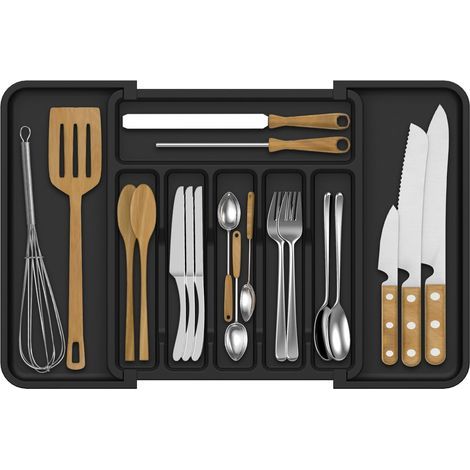 Range Couverts pour Tiroir, 37 32 cm Rangement Couverts Tiroir Cuisine en Silicone, Range Couvert Avec 8 Compartiments Extra-Grands, Noir (1/5)