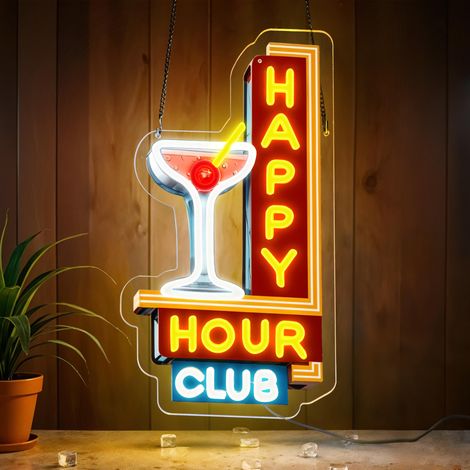 Enseigne lumineuse néon Happy Hour rétro LED à intensité variable, compatible avec bars, clubs, pubs, fêtes, alimentation USB, cadeau idéal pour un garage aménagé. (1/5)