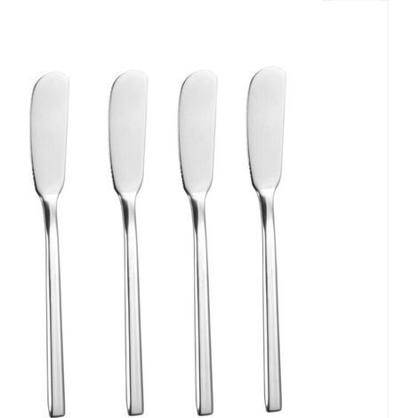 Stainless steel butter knife for spreading cheese.