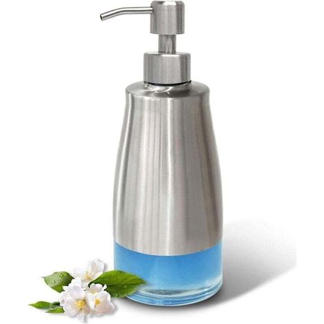 300 ml Distributeur de savon noir en verre et acier inoxydable, distributeur de savon douche avec étiquettes – Distributeur de lotion rechargeable pour cuisine, salle de bain, bureau, hô (1/4)