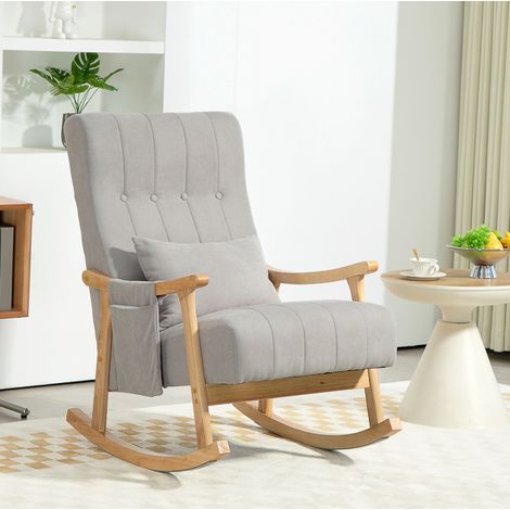 Poltrona a dondolo imbottita con cuscino lombare, tasca laterale, legno, grigia HAVRYA (1/5)