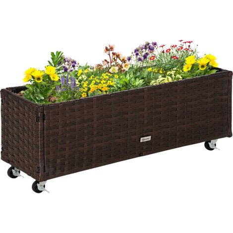 Outsunny Hochbeet Poly Rattan mit Rollen Pflanzkasten mit Abflusslöchern Blumenkasten Blumenkübel Kaffee-Braun 94,5 x 31 x 36 cm (1/5)