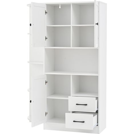 Meuble d’angle blanc pour salon avec 3 armoires, 2 tiroirs et 6 étagères ouvertes, 104 x 35 x 155 cm (1/5)