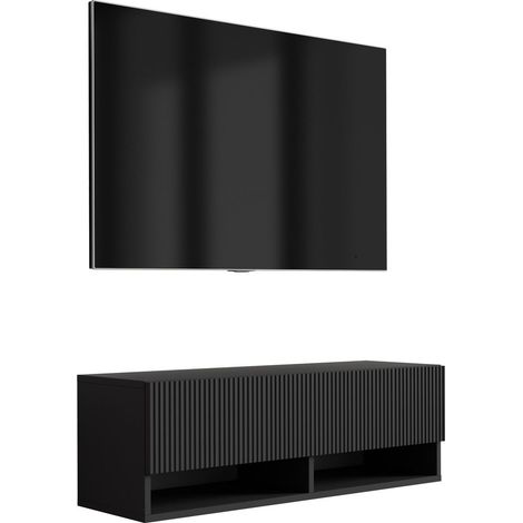Meuble TV à façade rainurée, noir mat, 100 × 32 × 33,6 cm (1/5)