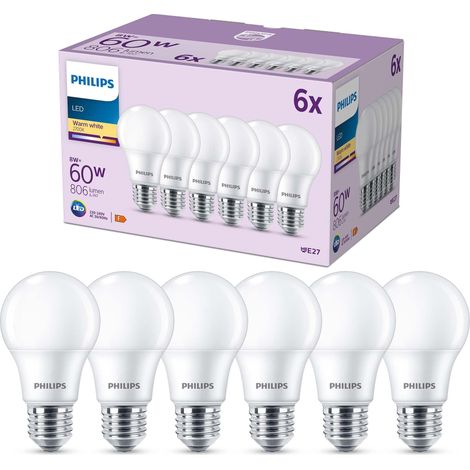 Philips LED E27, confezione da 6 lampadine, equivalente a 60 W, lampadine LED smerigliate, Plastica, Luce Bianca Calda 2700K, LED a risparmio energetico con lunga durata (1/4)