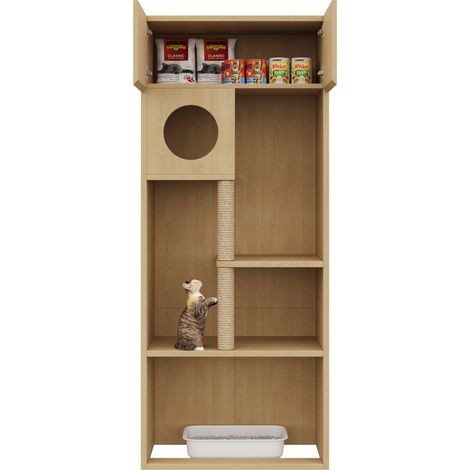 Armadio lettiera gatto 80x45x193 cm MDF naturale con tiragraffi, senza vaschetta - CHICFURN (1/5)