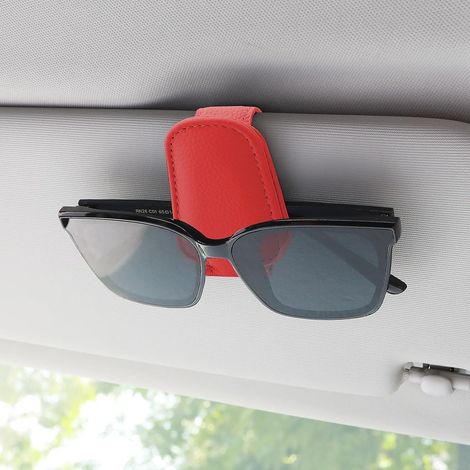 Sonnenbrillenhalter Auto Leder mit Magnet für Sonnenblende Rot (1/5)