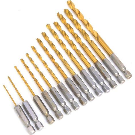 Coffret de 13 forets à queue hexagonale en acier rapide de 6,35 mm (1/4 pouce) pour le perçage de 1,5 à 6,5 mm de diamètre avec goujures hélicoïdales, pour le bois, le fer, l'acier et le cuivre. (1/5)
