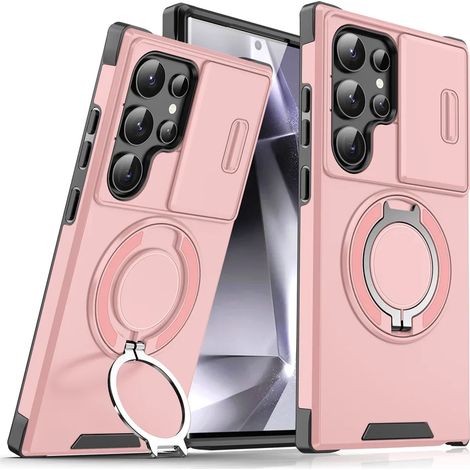 (Samsung S23 Plus, Rose) Étui de téléphone coulissant magnétique avec support pour Samsung, protège l'appareil photo. (1/5)
