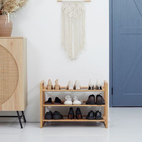 Dreistöckiges Schuhregal aus Bambus, Platz für 9 Paar Schuhe, ideal für den Eingangsbereich, 76 x 33 x 51 cm, Natur