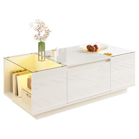 Table basse moderne et minimaliste, avec espace de rangement, éclairage d'ambiance LED, plateau en verre et 2 tiroirs.
