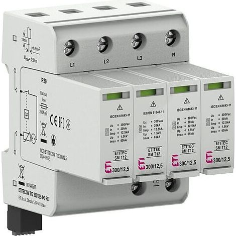 Parafoudre combiné ETI ETITEC SM T12 300/12,5 4+0 RC, AMD