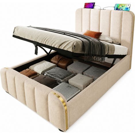 Lit capitonné 90x200 cm avec tête de lit USB-C, coffre hydraulique, tissu beige, structure métal et lattes, design élégant pour chambre, CHICFURN (1/5)