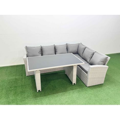 Fimous Outdoor Garden Furniture Sets 6 Seater Wicker Rattan Corner Sofa Sets with Rectangular Dining Table Lounge Sofa Light Grey (1/4)