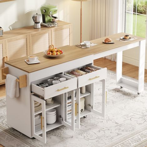 Desserte cuisine blanc mobile à roulettes table bar modulable rangement vitré tiroirs 132,5-217x50x93cm intérieur (1/5)