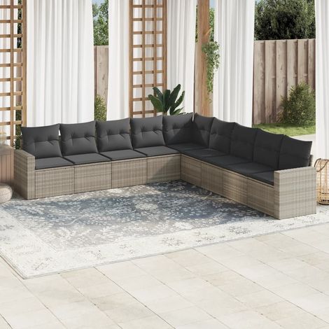Set muebles jardín 9 pzas y cojines ratán sintético gris claro vidaXL (1/3)