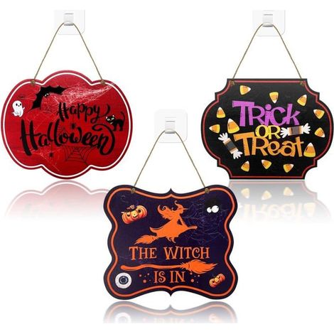 Lot de 3 panneaux de porte à suspendre pour Halloween, décorations en bois pour Halloween, sorcières, panneaux de bienvenue (1/5)