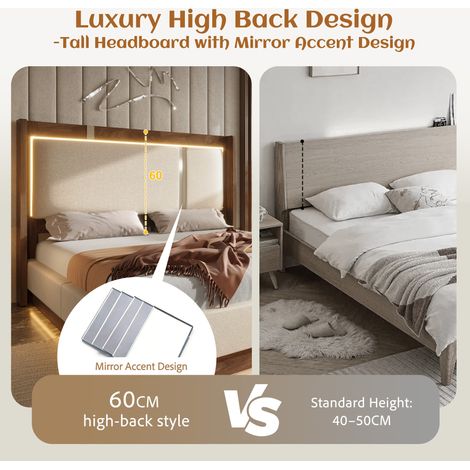 Cama 140x200 cm tapizada en lino beige y nogal, con LED y arcón, sin colchón – MEUBLIV (1/5)
