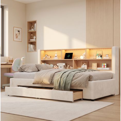 Cama sofá extensible 90x200 cm con 2 cajones, USB y LED, terciopelo beige HAVRYA (1/5)