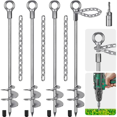 Piquet de Tente, Sardines de Fixation Lourd Ancrage de Terre Métallique, 76cm Lame Spirale Vissée dans Trampolines Kit pour Balançoire/Camping/Chien/Abri de Coiture avec Fixe 37cm Chaîne, 4pcs (1/5)