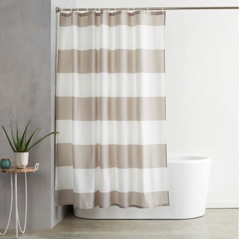 Rideau de Douche en Tissu résistant à l'eau et à la moisissure avec œillets et Crochets,Rideau de Douche en Tissu imprimé Hydrofuge, Lavable en Machine, 180 x 180 cm, Rayures Beiges (1/5)