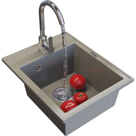 Évier en Granit Simple Cuve Nero Marron 50x40 cm avec Robinet Chromé, Siphon Manuel et Protecteur Graniprotect (1/5)