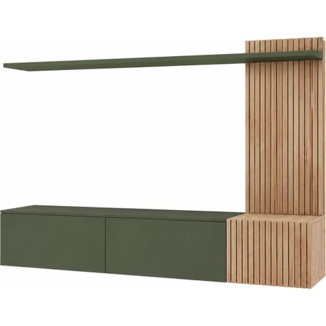 Ensemble meuble TV mural Solo - Bois MDF chêne Hickory Jackson et décor vert - 180 x 130 x 40 cm - Livraison gratuite (1/4)