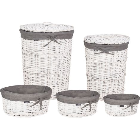 Conjunto de 5 cestas para ropa de madera de sauce moderno cestos para la colada gris y blanco Vakari
