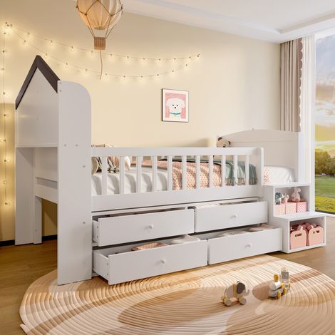 Lit Enfant 90x200cm - Design Maison avec Fenêtres - 4 Tiroirs - LED Intégrée - Escalier avec Rangements - Structure Pin Massif - Capacité 120kg - Blanc (1/5)