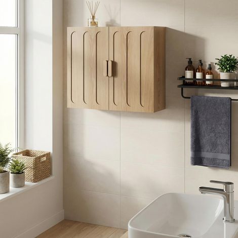 Hängender Bad-Wandschrank - 2 Türen - platzsparender Aufbewahrungsschrank mit verstellbarem Einlegeboden - skandinavisch & modern - Eiche Natur - 60 x 20 x 52 cm
