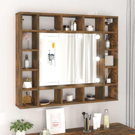 Armoire miroir LED murale, 16 compartiments, chêne fumé, 91 x 15 x 76,5 cm - PANGIVO (1/5)