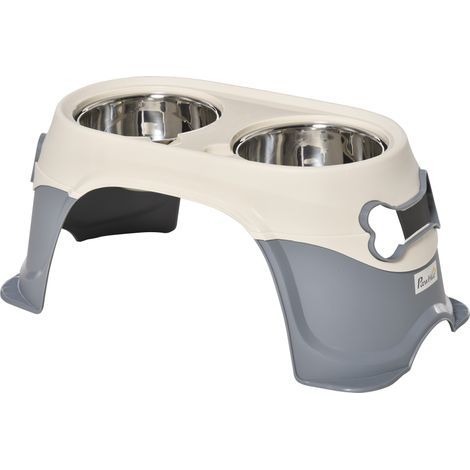 Gamelle surélevée double pour chien en acier inoxydable et plastique avec pieds antidérapants, 47 x 25 x 20 cm, blanc et gris (1/4)