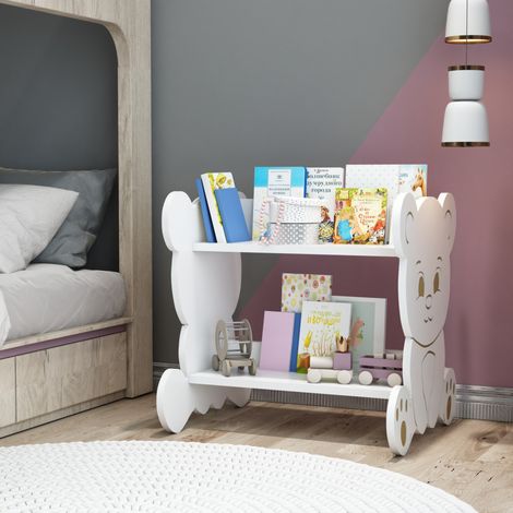 Scaffale Autoportante 'Tårnby' per Cameretta con Ripiani Mobile Portaoggetti a Misura di Bimbi - Decorazione Laterale Orsacchiotto - Bianco [en.casa] (1/5)