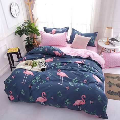 Parure de lit avec housse de couette 200 x 200 cm et 2 taies d'oreiller Motif flamant rose et fleurs Pour garçons, filles et femmes Tissu doux en microfibre Parure de lit réversible (1/5)