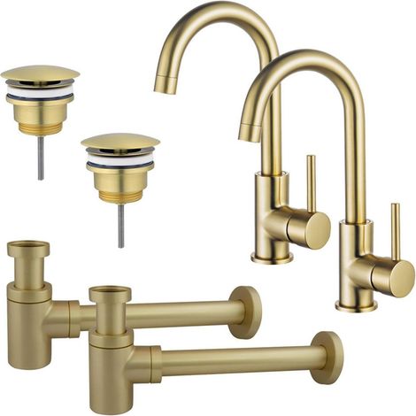 FugaFlow Eccelente Sobrado Kit robinet lavabo - pour double vasque - robinet haut - bec rotatif - bonde non-obturable - siphon design bas - Laiton (1/4)