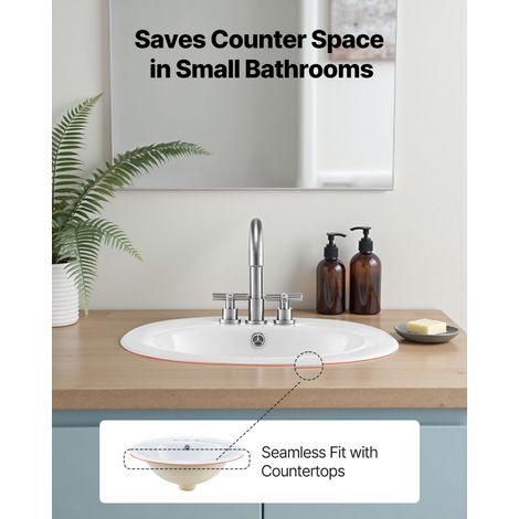 Lavabo de salle de bain semi-encastré, vasque ovale en céramique blanche de 485 x 425 mm avec trop-plein et 3 trous de robinet, évi… (1/5)
